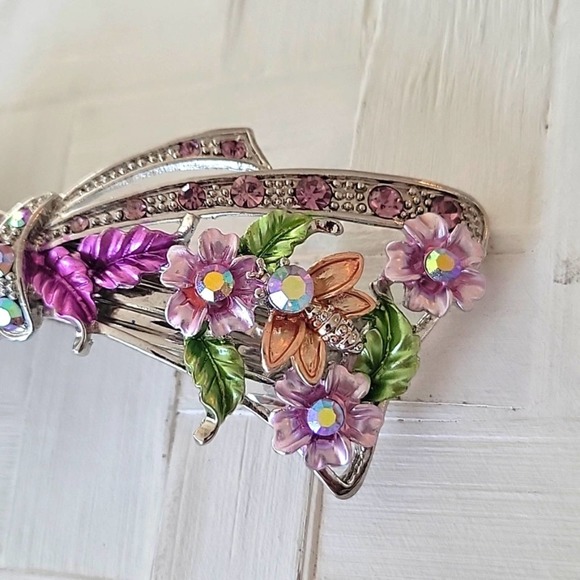 Rhinestone and Metal Floral Hair Clip Pink Green Orange 4" - For Parts Only - Picture 4 of 6